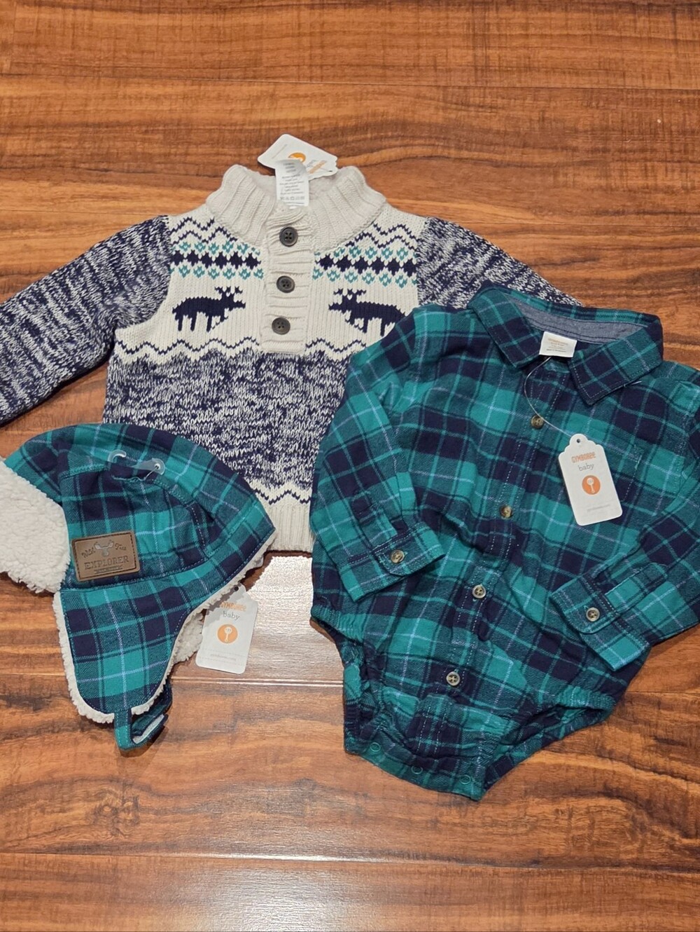 Gymboree NWT 12-18 reindeer fair isle sweater, plaid flannel bodysuit, plaid hat